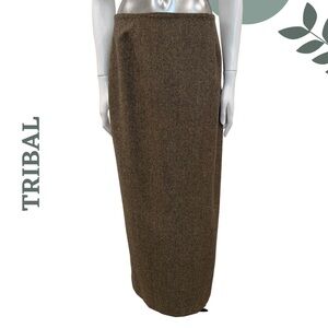 Tribal Wool-Blend Maxi Skirt Brown Faux Zipper Rear Slit Detail – Size 8